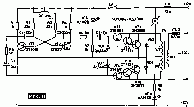 Схема Преобразователя постоянного напряжения 12 В в переменное 220 В