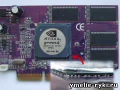 BGA GPU на примере некогда легендарной GeForce4. Рядом с графическим ядром расположены чипы памяти с обычными «ножками». (Фото: Андрей Родионов, личный архив)