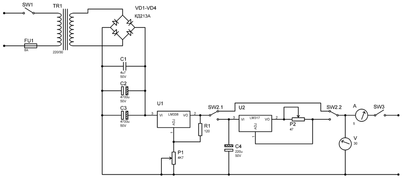 Схема блока питания 1.5 – 30В, 5А